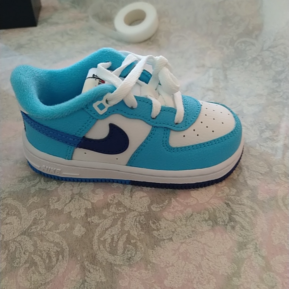 Nike Kids Sneakers White and Light Blue with Navy Swoosh